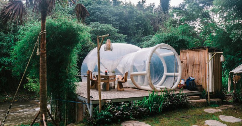 Retreat - Exterior of cute bubble tent in tropical garden